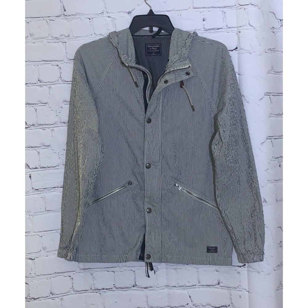 Abercrombie and Fitch Jacket Men's Medium Blue Seersucker Hooded Zip Pockets